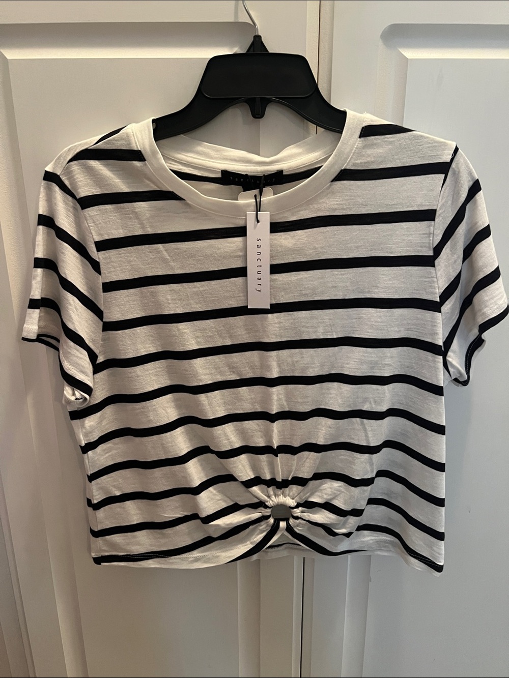 Sanctuary Black & White Striped Knot-Front Crop Tee